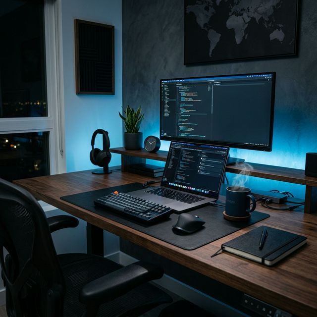 A premium modern remote work home office setup with a high end laptop, a steaming coffee mug, and subtle ocean blue LED ambient lighting. No people, sleek dark mode aesthetics.